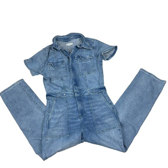 Good American Fit For Success Short Sleeve Bootcut Denim Jumpsuit Blue L - Picture 1 of 10
